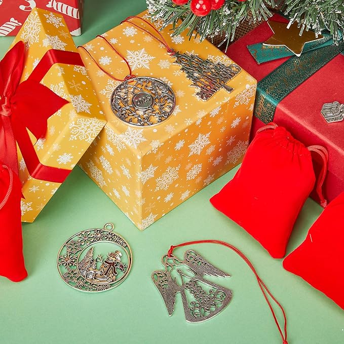 Zhengmy 8 Pieces Christmas Ornaments 2025 Solid Pewter Christmas Tree Ornament Metal Gnomes Santa Angel Snowman Hanging Craft Xmas Gifts with Red Bags(Classic)