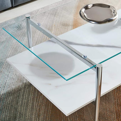 AGV LIGHTING Tadio Glass Coffee Table, Mid-Century Modern Coffee Table for Living Room, Chrome Finish Leg, Clear Glass Top & Faux Marble Wood Shelf, 41 in