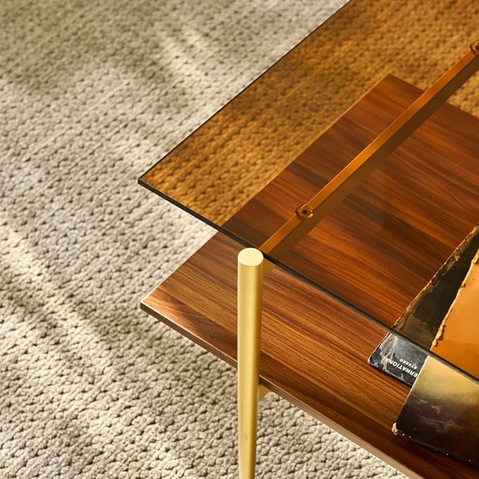 Saint Mossi Tadio Double Layer Glass Coffee Table for Living Room, Brown Glass & Coffee Brown MDF Bottom Shelf