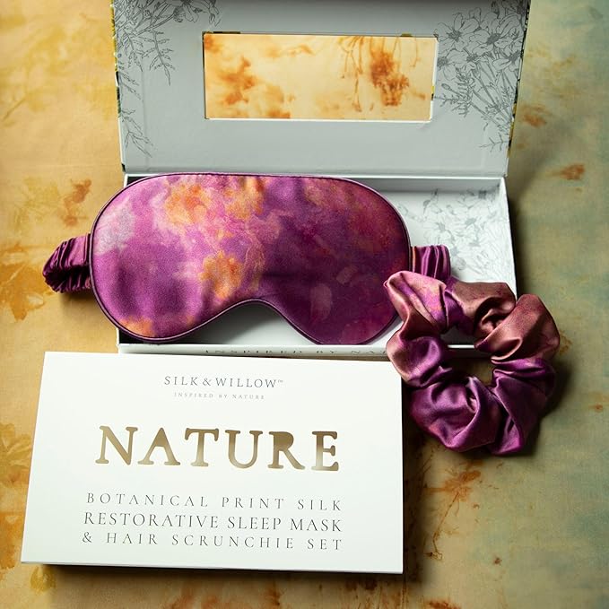 Silk & Willow 100% Pure Mulberry Silk Sleep Eye Mask & Hair Scrunchie Gift Set (Hot Peony)