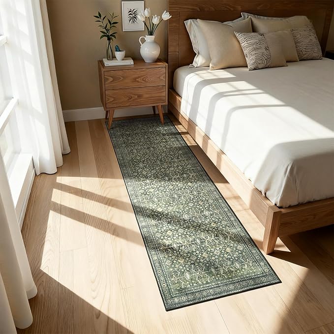 Lofus 2X 8 Runner Rug for Hallways,Green Washable Runner Rugs with Non Slip Rubber Backing, Low Pile Soft Carpet Runner for Kitchen Bathroom Bedroom Laundry