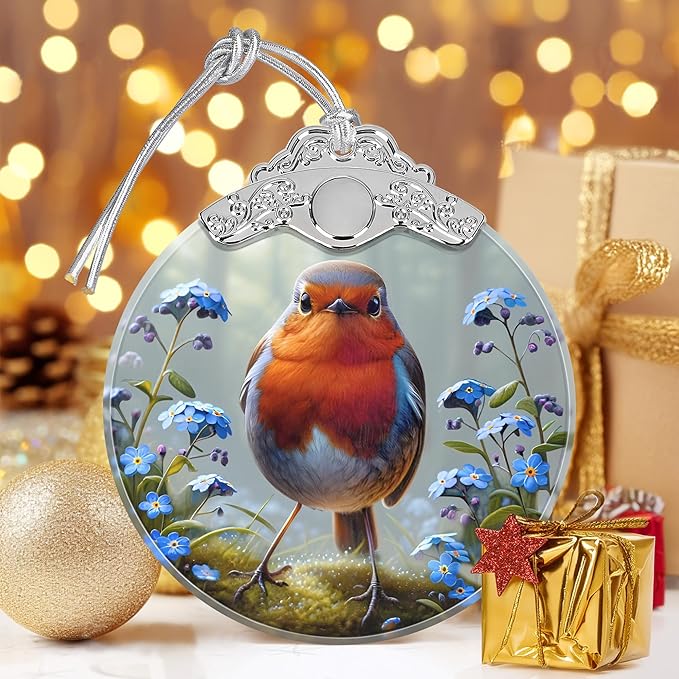 Robin Stained Glass Ornament - Christmas Tree Decorations, Robin Ornaments for Christmas Tree