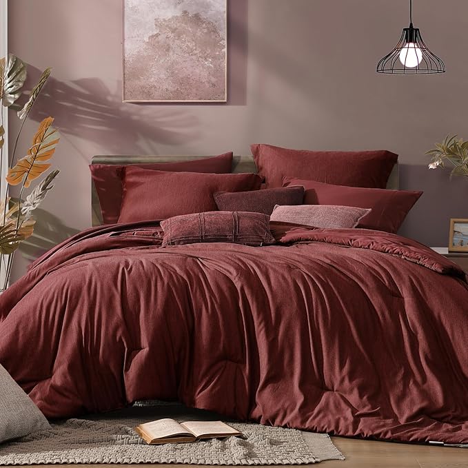 Monbix Queen Comforter Set Red, Cationic Dyeing Reversible Bedding Set 7 Pieces, All Season Bed in a Bag with Sheets, Pillowcases & Shams