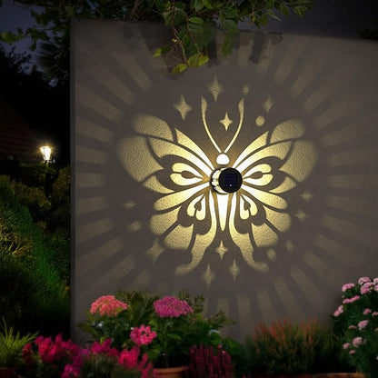 Solar Fence Lights 4 Pack Solar Deck Lamps Outdoor Decorations Powered Step Lights Wall Waterproof LED Warm Decorative Lighting for Garden (Butterfly-Star, 4)