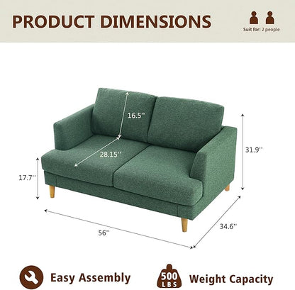 Loveseat Sofa with Deep Seats Mid Century Upholstered 2 Seat Small Sofa, Green