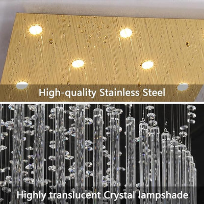 W47 x H120 Luxury Crystal Chandelier with LED Bulbs Glam Raindrop High Ceiling Square Light Chandeliers for Entrance Large Villa Foyer Living Room Lighting Fixtures Gold