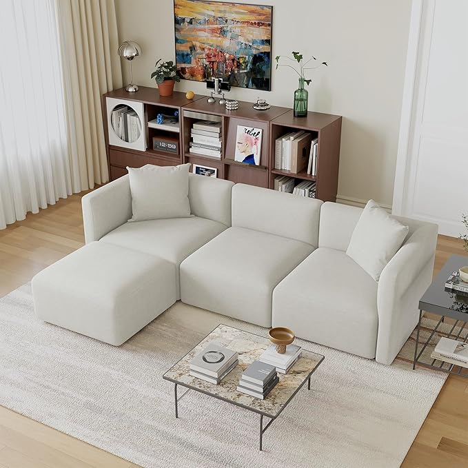 Acanva Luxury L-Shaped Upholstery Convertible Modular Sectional Sofa, Contemporary Reversible Couch with Chaise Lounge for Living Room, Apartment, Linen-Like Cream