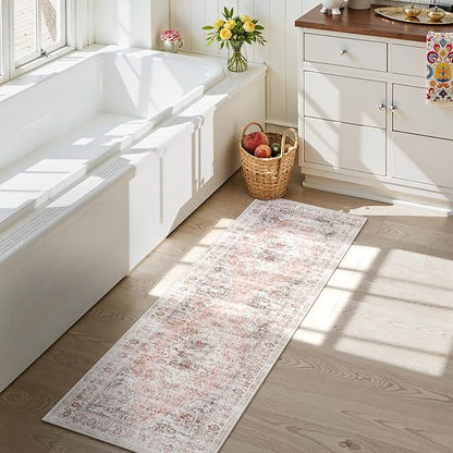 Uphome Bathroom Rugs Runner, Distressed Farmhouse Boho Blush Pink Bath Mat, Non Slip Washable Long Bath Rugs, Vintage Traditonal Soft Velvet Bathroom Runner for Bathtub Sink Shower, 18x47 inch