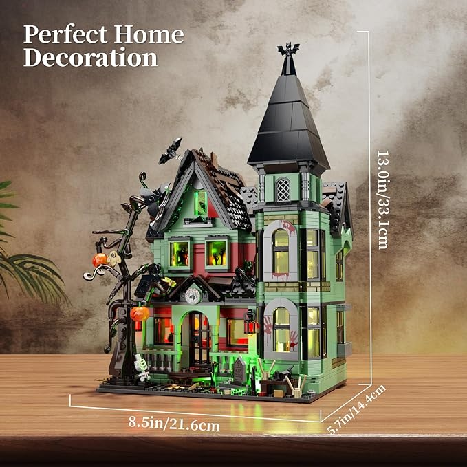iATOM Haunted House Building Set with Lights, Halloween Mansion Building Toy Compatible with Lego for Adults, Horror Village Town Architecture Include Pumpkin Skeleton Spooky Bat Cat, F-C9987