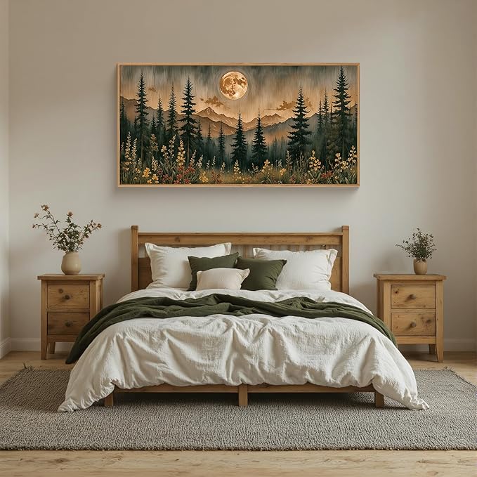 HOURIA Nature Forest Mountain Framed Canvas Wall Art Set,Moonlight Pine Tree Flower Wall Decor,Wilderness Field Wall Painting,Vintage Botanical Art Prints for Living Room,Bedroom,Farmhouse- 20"x40"x1