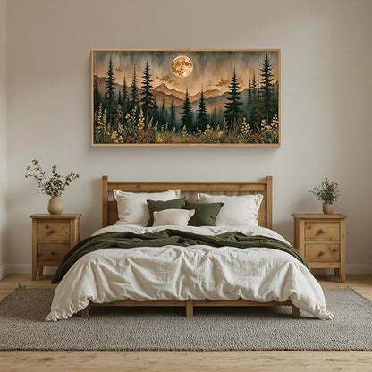 HOURIA Nature Forest Mountain Framed Canvas Wall Art Set,Moonlight Pine Tree Flower Wall Decor,Wilderness Field Wall Painting,Vintage Botanical Art Prints for Living Room,Bedroom,Farmhouse- 20"x40"x1
