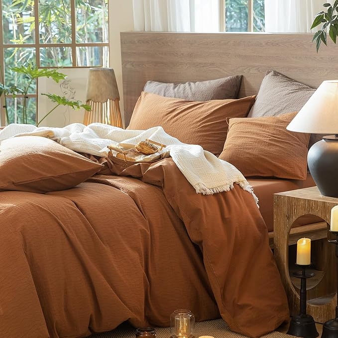 MooMee Wavy Striped Duvet Cover Set 100% Washed Cotton Linen Like Textured Breathable Durable Soft Comfy (Dark Orange, Super King 108"x98")