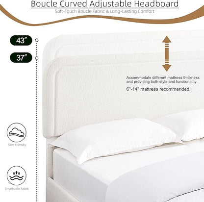 Queen Size Boucle Upholstered Platform Bed Frame, with 4 Drawers Storage, Curved Stitched Tufted Headboard, Wooden Slat Mattress Support, Noise Free, Easy Assembly, No Box Spring Needed, Ivory