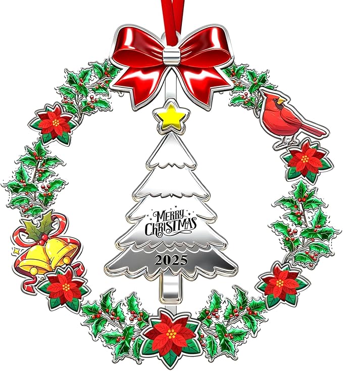 Christmas Ornament 2025 for Christmas Tree Decorations, Dated 2025 Christmas Wreath Ornament with Rotatable Christmas Tree for Holiday Decorative Keepsake Gift