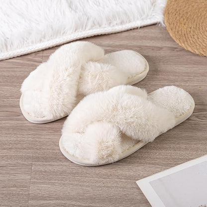 Women's Slipper Memory Foam Cross Band Fuzzy Slippers Open Toe Cozy House Slippers Cozy Plush Bedroom Indoor Outdoor
