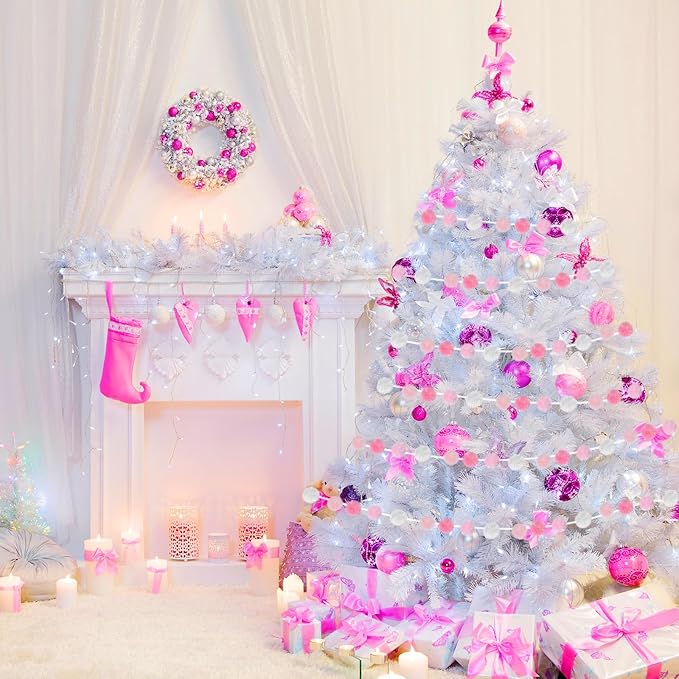 2 Pack Large Pom Poms Garland Hanging Decorations Colorful Soft Faux Rabbit Fur Ball Garland for Easter Xmas Holiday Wedding Baby Shower Birthday Party Supplies(Pink,2.36 Inch)