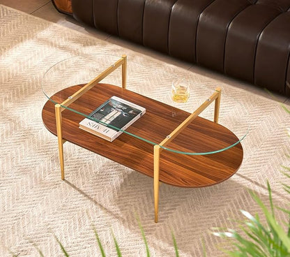 AGV LIGHTING Oval Rectangle Coffee Table with Clear Glass Top, Mid-Century Modern Coffee Table, Walnut MDF Shelf and Glod Metal Legs, Capsule Shape 2 Tier Coffee Table for Living Room, 42 Inch