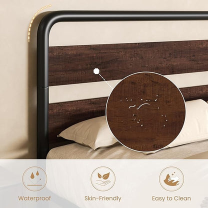 SHA CERLIN Full Size Metal Bed Frame with Wooden Headboard and Footboard, Heavy Duty Oval-Shaped Platform Bed Frame with 10" Under-Bed Storage, Noise Free, No Box Spring Needed, Mahogany