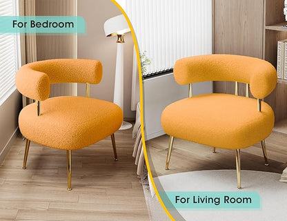Mid Century Sherpa Boucle Accent Chair, Round Upholstered Barrel Arm Chair for Small Spaces, Fluffy Side Corner Chair for Living Room, Bedroom, Vanity, Office, Reading Nook(Yellow)