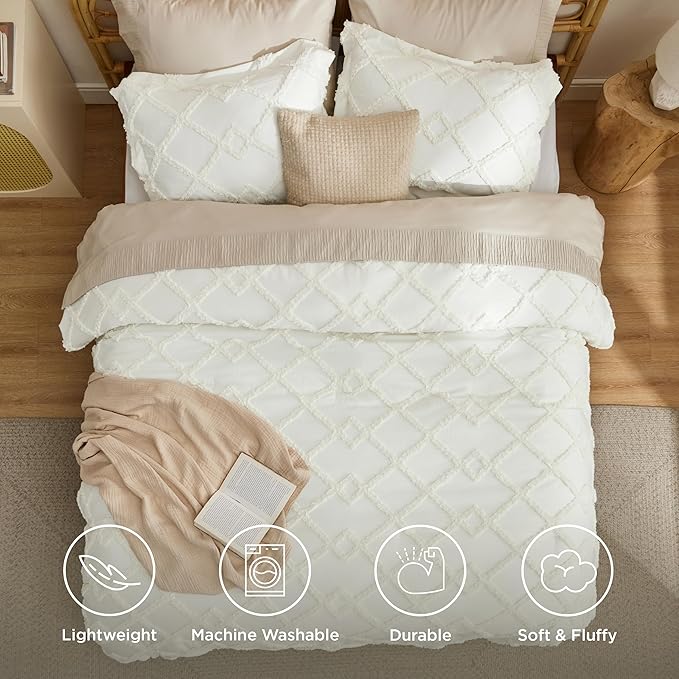 Bedsure Boho Comforter Set King - Ivory Tufted King Size Comforter, 3 Pieces Farmhouse Shabby Chic Embroidery Bed Set, Soft Fluffy Geometric Pattern Bedding for All Seasons