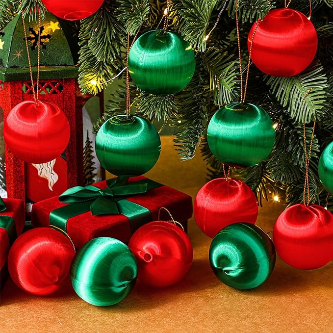 Syhood 24 Pcs Christmas Satin Balls Christmas Silk Ball Ornaments Satin Silk Xmas Tree Hanging for Xmas Tree Decor Holiday Party Decorations (Red,Green,2.2 Inch)
