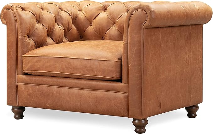 POLY & BARK Lyon Leather Lounge Chairs 49" - Set of 2 - Cognac Tan Full-Grain Leather – Modern Upholstered Accent Chairs for Living Room or Bedroom – Indoor Lounge Seating with Lasting Comfort