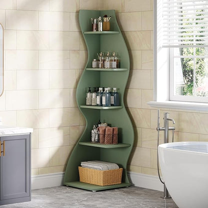 Tribesigns Wavy Corner Shelf, Modern 5-Tier Bookshelf Bookcase with Curvy Shape, Unique Plant Stand Display Rack for Living Room Small Space (Green)