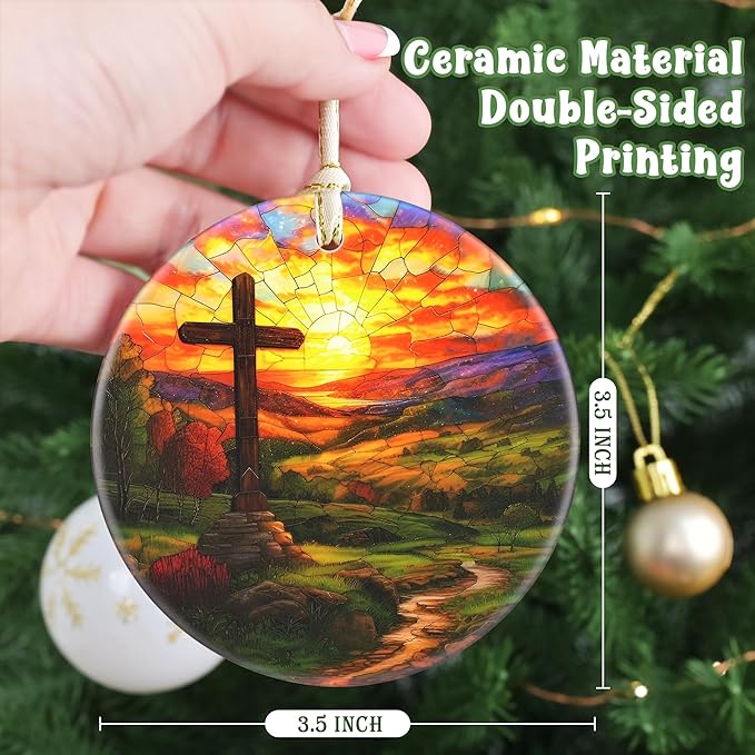 Cross 3.5 Inch Ceramic Christmas Hanging Ornament - Cross Ornament for Christmas Tree, Gift Exchange or Holiday Presents