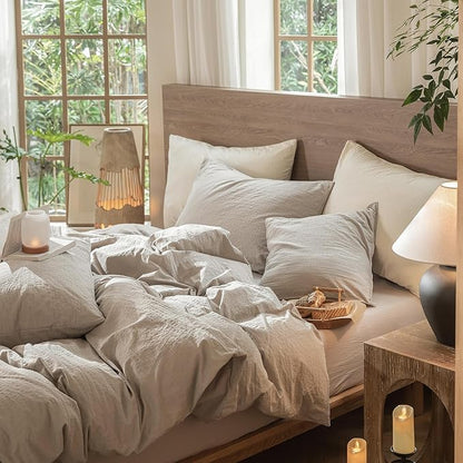 MooMee Wavy Striped Duvet Cover Set 100% Washed Cotton Linen Like Textured Breathable Durable Soft Comfy (Beige, Full 80"x90")