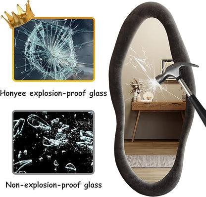Honyee 55" x 24" Wall Mirror, Flannel Wrapped Wooden Frame Wavy Mirror, Irregular Mirror Hanging for Cloakroom/Bedroom/Living Room, Black