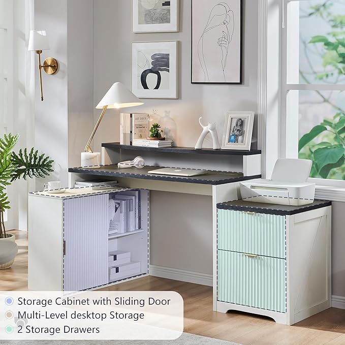 JXQTLINGMU 67" Modern L Shaped Desk with Storage Cabinet & Drawers, Wood Home Office Desk with Power Outlets, Fluted Computer Writing Desk, Antique White