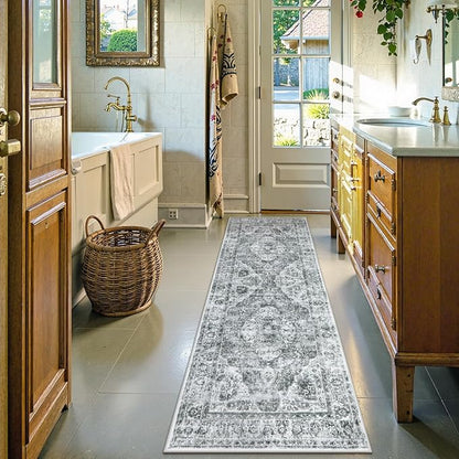 Uphome Bathroom Runner Rug, Distressed Tribal Farmhouse Gray Bathroom Mat, Large Bathroom Rugs Non Slip Washable, Oriental Retro Boho Bath Mat Runner for Bathtub Sink Hallway, 24x71 inch