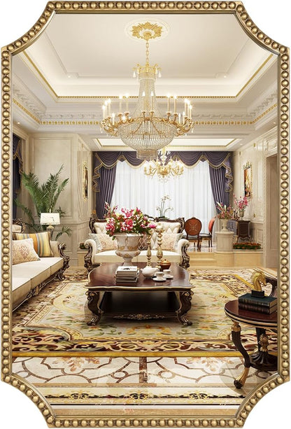 30"x40" Mirror for Wall, Full Scalloped Corners Rectangle Decorative Mirror, Metal Beaded Frame Accent Wall Decor for Bathroom, Entryway, Mantel, Antique Gold
