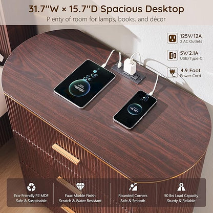 Fluted 3 Drawers Nightstand with Charging Station,31.7" W Bedside Table with Curved Profile Design,End Table Storage with USB Ports for Bedroom,Living Room,Gold Metal Handle, Brown Oak
