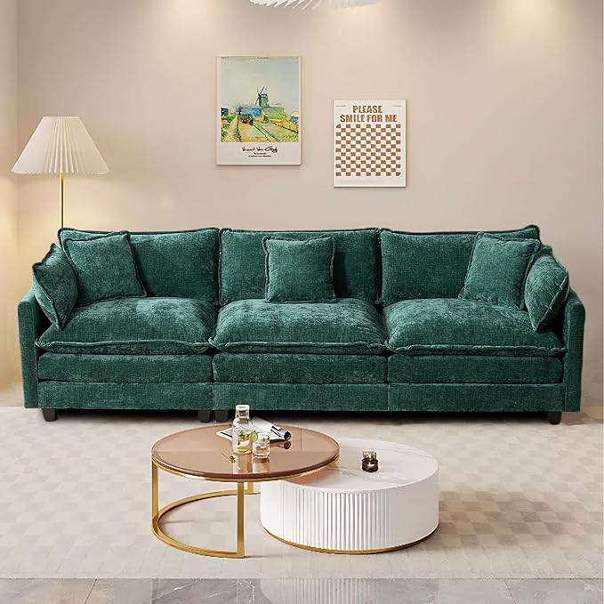 SoarFlash 107.4" Chenille Sectional Sofa, Comfy Modular Loveseat Sofa, Modern 3-Seat Couch Deep Seat Sofa Set for Living Room,Green