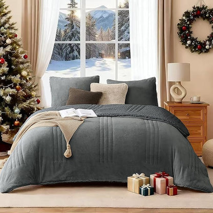 Monbix Fluffy King Size Comforter Set Blue Grey, Sherpa Plush Fuzzy Comforter 3 Piece for King Size Bed, Luxury Soft Winter Warm Bedding Set