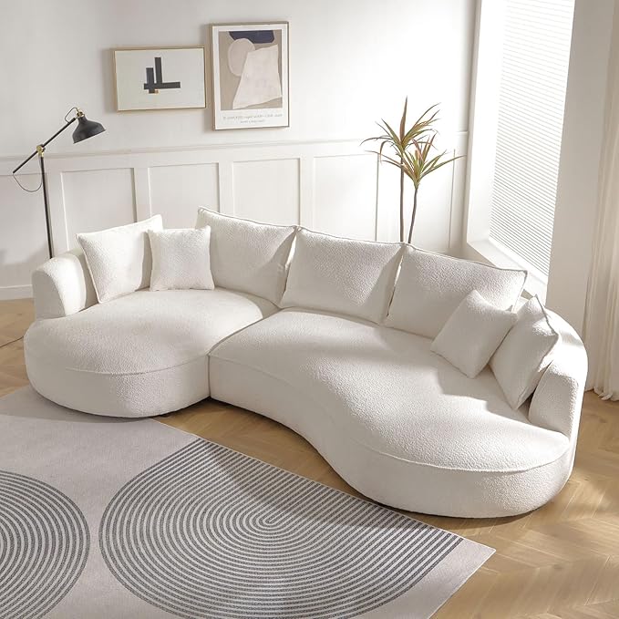 125'' Modern Curved Cloud Sofa Luxury Living Room 5 Seater Combo Sofa Cloud Curve Design Mid Century Upholstered Sofa with Ottoman for Living Room Bedroom Apartment(Boucle+Left Facing, Beige)