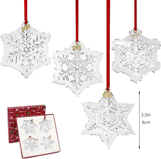 Set of 4 Crystal Snowflake Ornaments for Christmas Tree, 2025 Clear Glass Snowflake Ornaments Bulk, 3.5" Crystal Christmas Snow Flake for Tree, Xmas Gift for Home Decoration