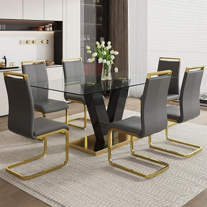 71" Glass Dining Table Set for 6, Dining Table Set 6, Modern Kitchen Table and 6 PU Chairs, Tempered Glass Top and MDF Base, Dining Room Table Set for 6