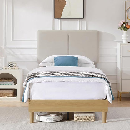 VECELO Twin Size Bed Frame Upholstered Platform Height-Adjustable Cotton and Linen Headboard, Heavy Duty Wood Slats, Noise-Free, No Box Spring Needed, Easy Assembly, Beige