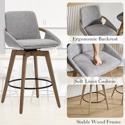 Mid-Century Swivel Bar Stools Set of 2, 26.5 inch Counter Height Barstools Linen Fabric Bar Chairs with Wooden Frame for Kitchen Island Dining Room, Grey