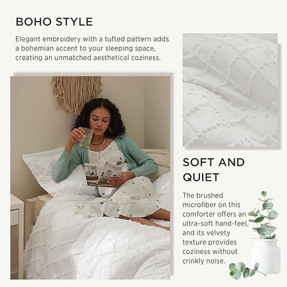 Bedsure Twin XL Comforter Set - White Comforter, Boho Tufted Shabby Chic Bedding for Kids, 2 Pieces Vintage Farmhouse Bed Set for All Seasons, Fluffy Soft Bedding with 1 Pillow Sham