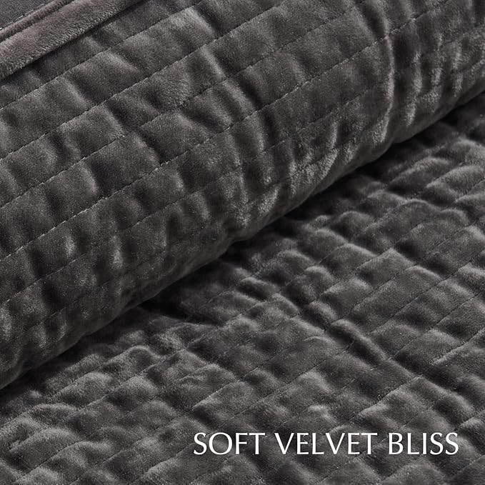 EVERGRACE Velvet Quilt Set Queen Size, Luxurious Soft Quilted Bedding Sets, Lightweight Velvet Comforter for All Season, Striped Channel Bedspread Coverlet with 2 Shams, Washed Black