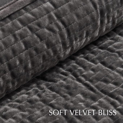 EVERGRACE Velvet Quilt Set King Size, Luxurious Soft Quilted Bedding Sets, Lightweight Velvet Comforter for All Season, Striped Channel Bedspread Coverlet with 2 Shams, Washed Black