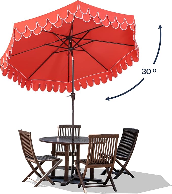 JONATHAN Y UMB1002A Tracy 9 ft. Classic MidCentury Scalloped Fringe Market Patio Umbrella with Auto-Tilt, Crank, Wind Vent and UV Protection in Coral Red/White