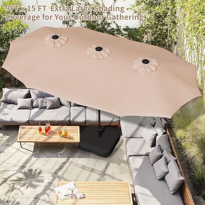 Shintenchi 16FT Large Patio Umbrella with Base, Outdoor Double-Sided Rectangular Umbrella, Market Umbrella with Crank Handle for Poolside Lawn Garden, Khaki