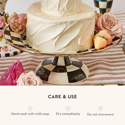 MACKENZIE-CHILDS Enamel Pedestal Serving Platter, Decorative Serving Dish for Food, Small, Black-and-White Courtly Check