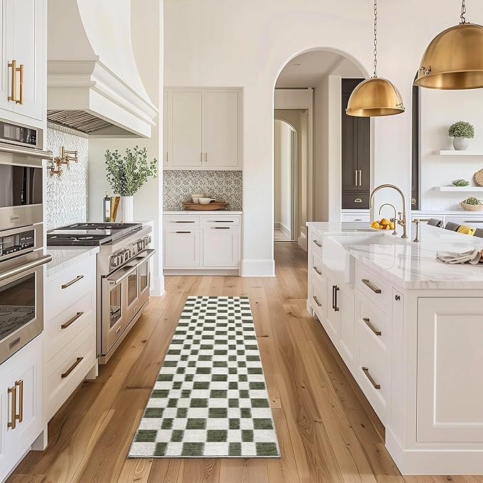 EVERGRACE Checkered Plaid Area Rug 2x8, Soft Fuzzy Faux Wool Rugs Washable Anti Slip Long Runner Rug Carpet for Entryway Bedroom Living Room Hallway Kitchen Dining Room and Laundry, Olive Green