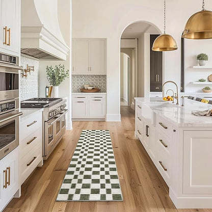 EVERGRACE Checkered Plaid Area Rug 2x8, Soft Fuzzy Faux Wool Rugs Washable Anti Slip Long Runner Rug Carpet for Entryway Bedroom Living Room Hallway Kitchen Dining Room and Laundry, Olive Green