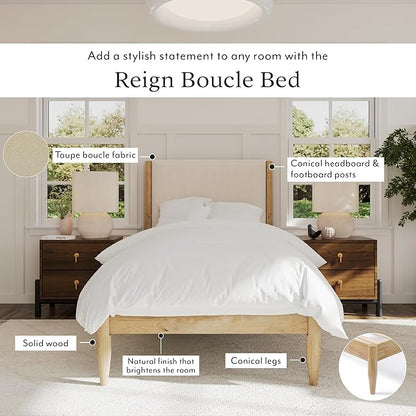 DG Casa Solid Wood Boucle Mid-Century Modern Twin Size Wooden Platform Bed Frame - Upholstered in Taupe Boucle - Natural Finish